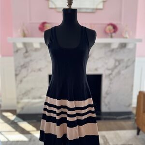 DKNY Fit and Flare Dress Size M Black Tan Striped Sleeveless Knit Casual Work